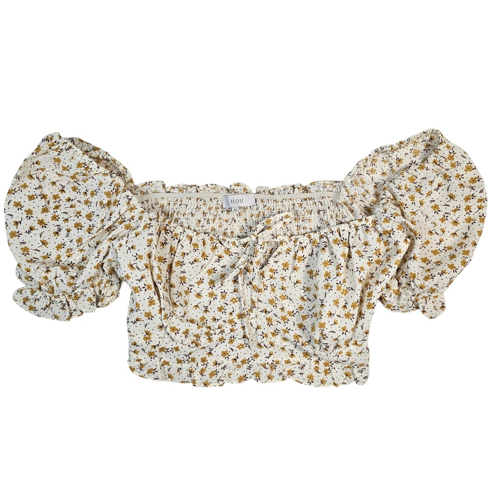 LILOU Floral Off Shoulder Puff‎ Sleeve Smocked Crop Top Yellow Cream Medium